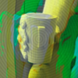 A distressed tv screen filter on Jason holding a coffee cup